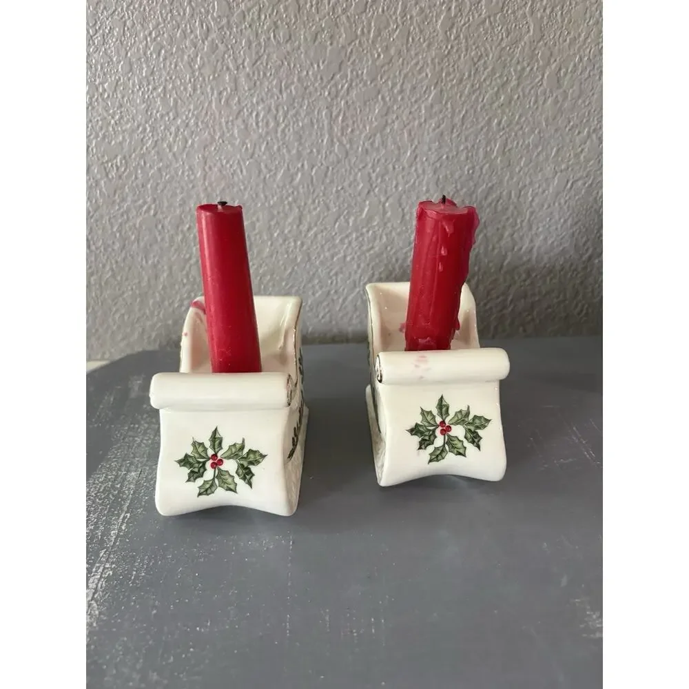 2 FORMALITIES BY BAUM BROS. HOLLY & BERRIES SLEIGH TAPPERED CANDLE HOLDERS